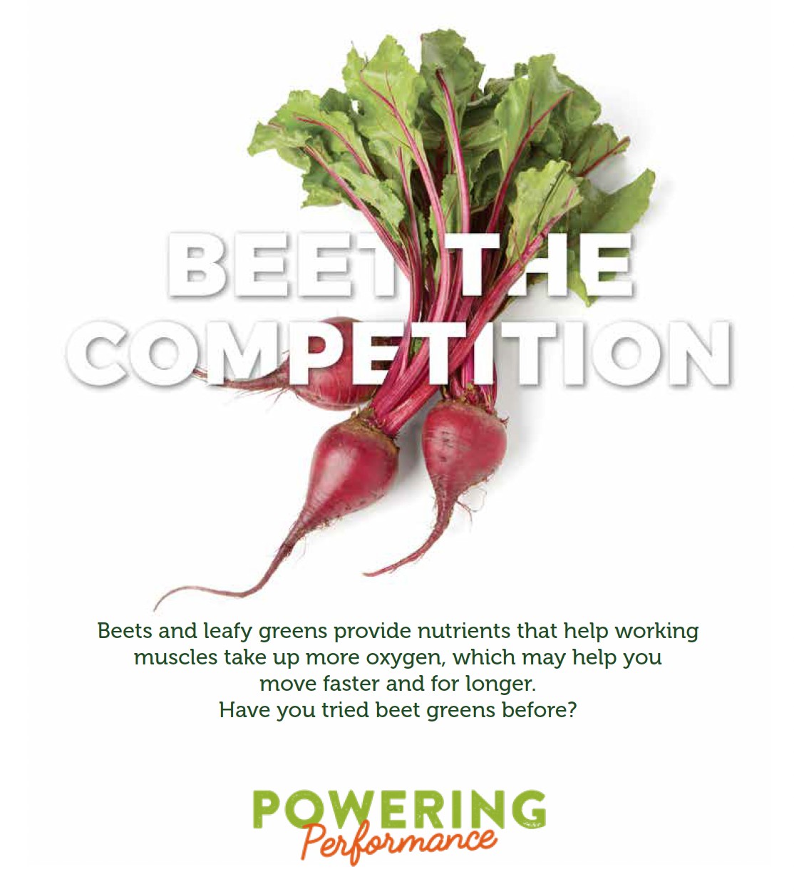 A bunch of fresh beets with the words Beet the Competition written on top