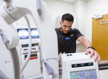 A man undergoing an MRI scan in a hospital