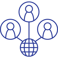 A blue line icon depicting people surrounding a globe