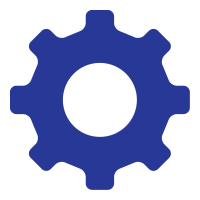 A blue gear wheel icon on a white background