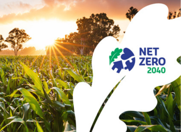 Net zero logo in field with corn and sun