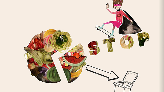  Illustration d'une fille sur une planche à roulettes, mot s'arrêtant et nourriture allant à une poubelle