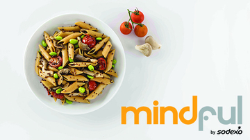 Bowl of pasta and Mindful logo