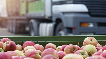 Container of apples with a lorry in the background